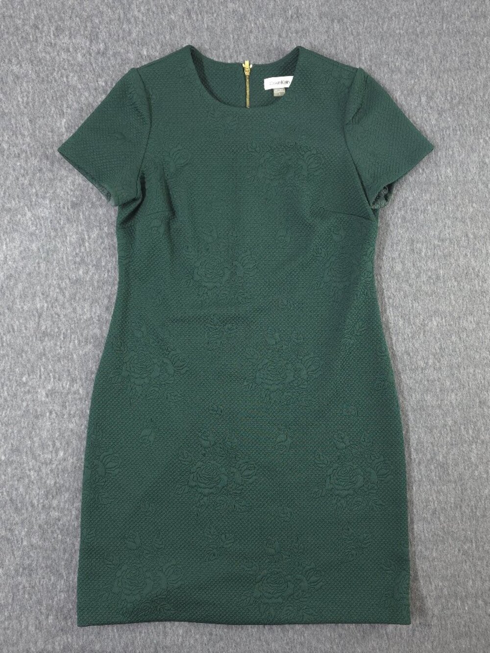 Calvin Klein Size 4 Green Floral Textured Sheath Dress Gold Zip